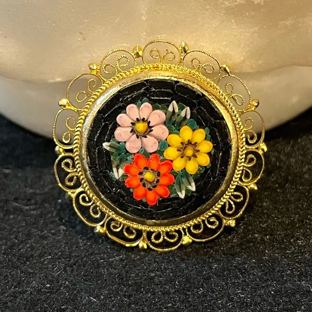 Vintage Italian Micro Mosaic Floral Gold Plated Filigree Brooch Pin